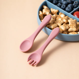 Silicone Baby Fork and Spoon Set - Brick Red