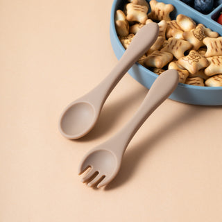 Silicone Baby Fork and Spoon Set - Khaki